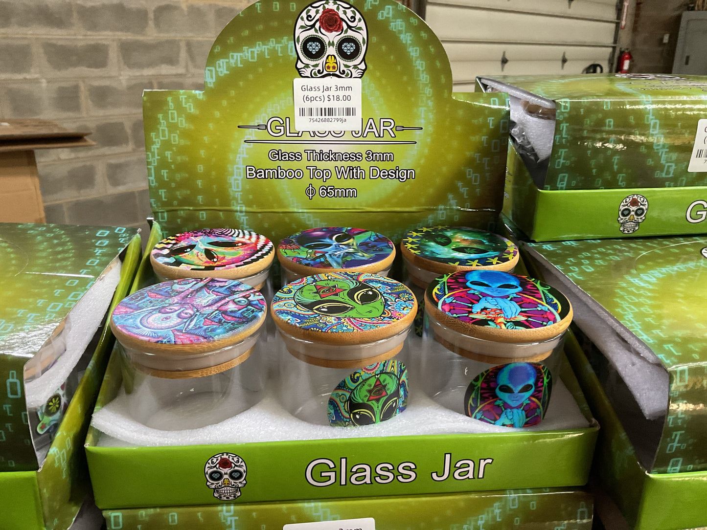Glass Jaar 3mm Bamboo top With Design 6 Pcs